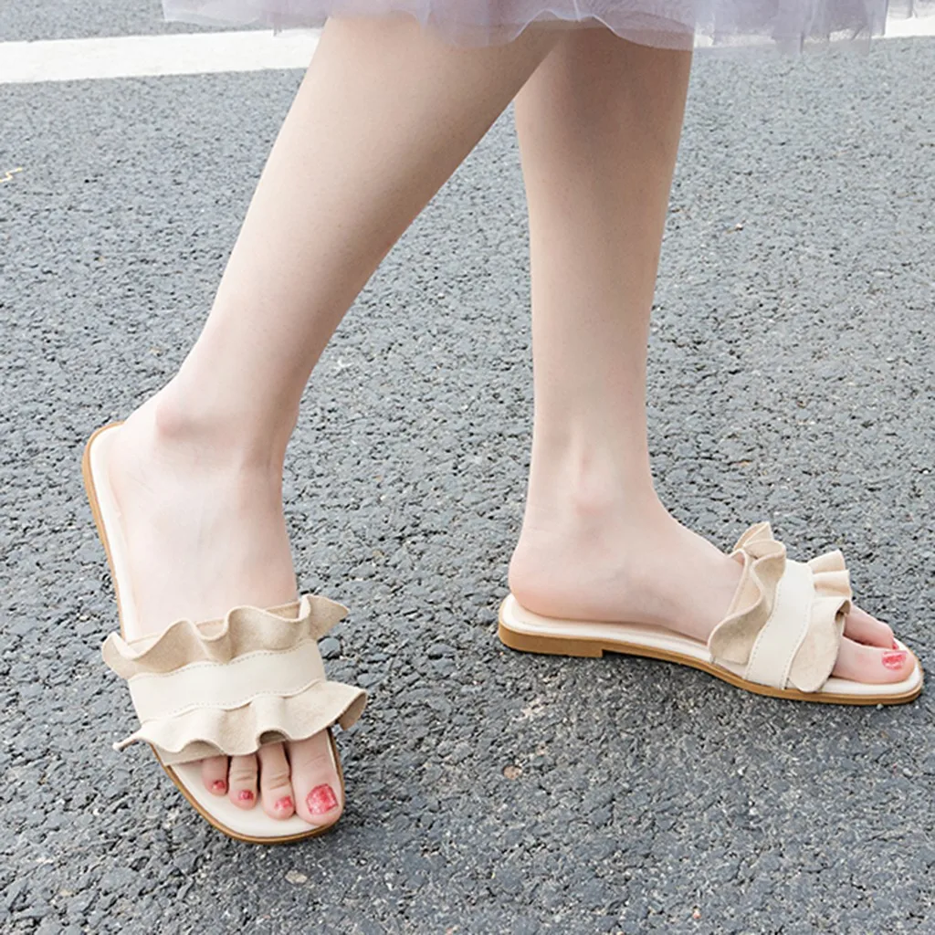 

Fashion Solid Colors Ruffles Slippers Women Elegant Square Toe Open Head Outdoor Flat Bottom With Slide Sweet Female Shoes