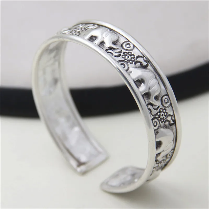 

JINSE Vintage S925 Thai Silver Embossed Elephant OM Hindu Ganesha Big Bracelet Bangle Cuff Jewelry Anime 15mm 25G WTB056