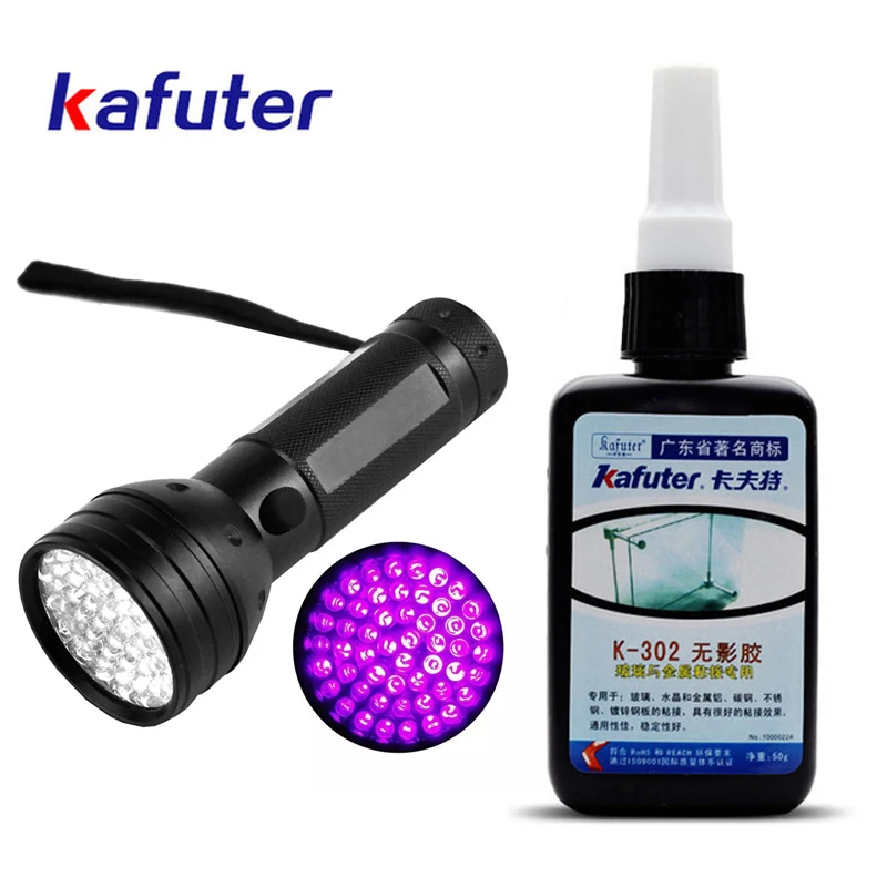Сильный 50 мл клей УФ Kafuter K 302 + 51 светодиодный ультрафиолетовый фонарик с