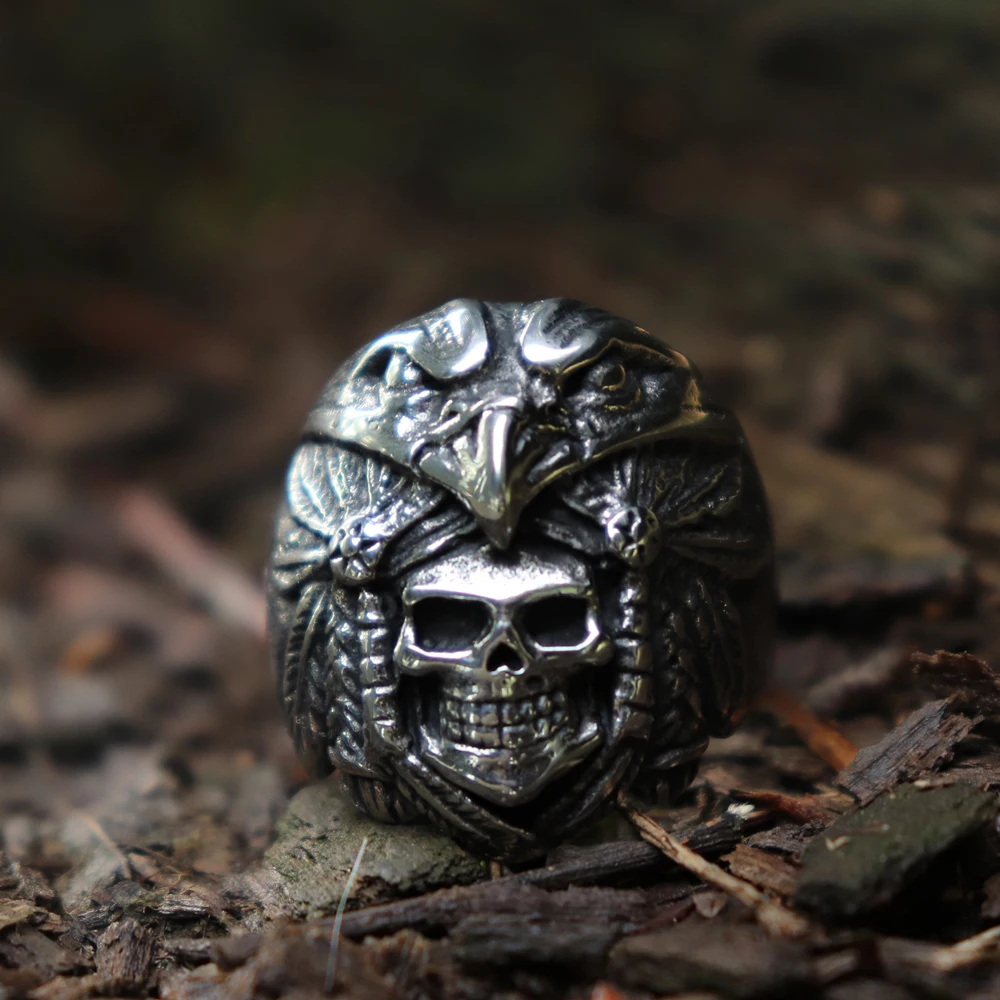 

Vintage Indian Eagle Warrior Skull Biker Ring Mens Rock Punk Stainless Steel Ring Jewelry