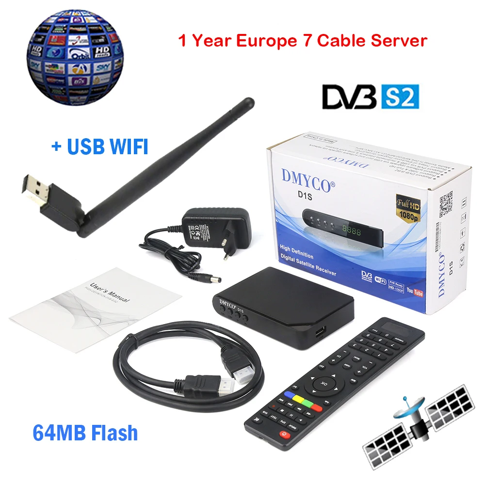 

2019 Best DVB-S2 Receptor Satellite Decoder D1S+USB WIFI HD 1080p Support BISS Key Powervu with 7 Cables Europe Server