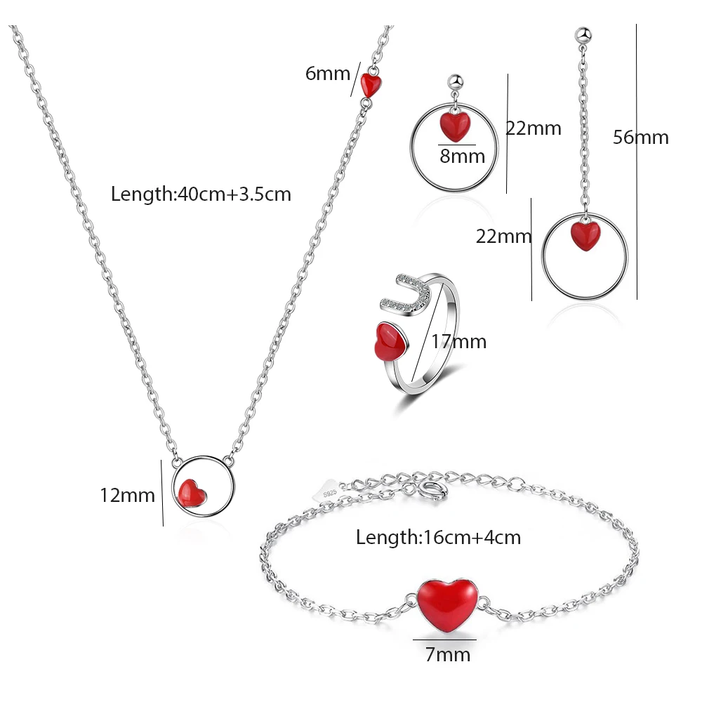 ANENJERY 925 пробы Серебряные Ювелирные наборы 4 стиля ожерелье Красное сердце+ серьги+ кольцо+ браслет для женщин подарок для девочек - Окраска металла: S(N309E495B130R250)