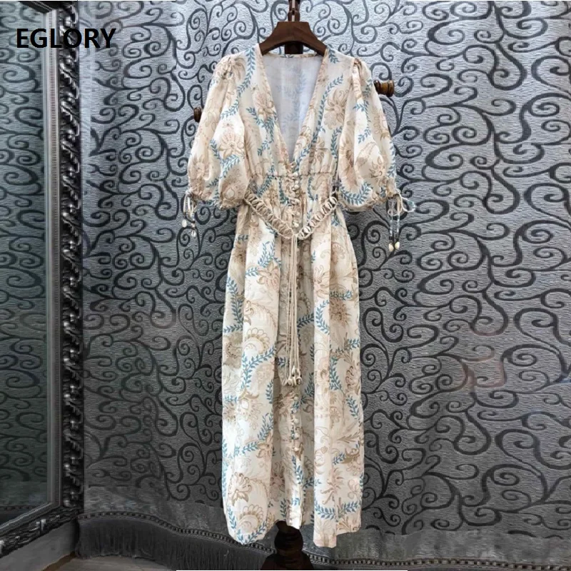 

2019 Summer Casual Dress High Quality Women Sexy Deep V-Neck Bohemian Print Seashell Belt Patchwork Mid-Calf Boho Beach Dress