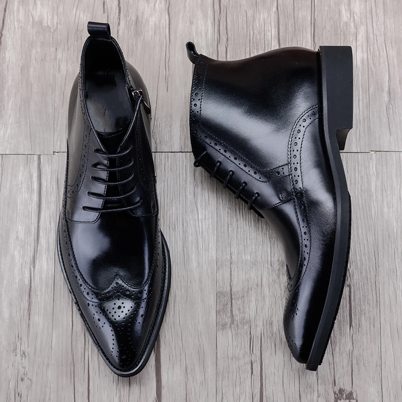 Men PJCMG Black/Red Lace-Up Ankle Rubber Casual Genuine Leather Classic Business Office Formal Boots