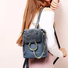 Cadena de Anillos de Metal de cola de zorra y Lily Diseño Mujeres Mochila de Cuero Genuino de Múltiples Funciones de La Vendimia Mini Bolso De Hombro Doble para Niñas