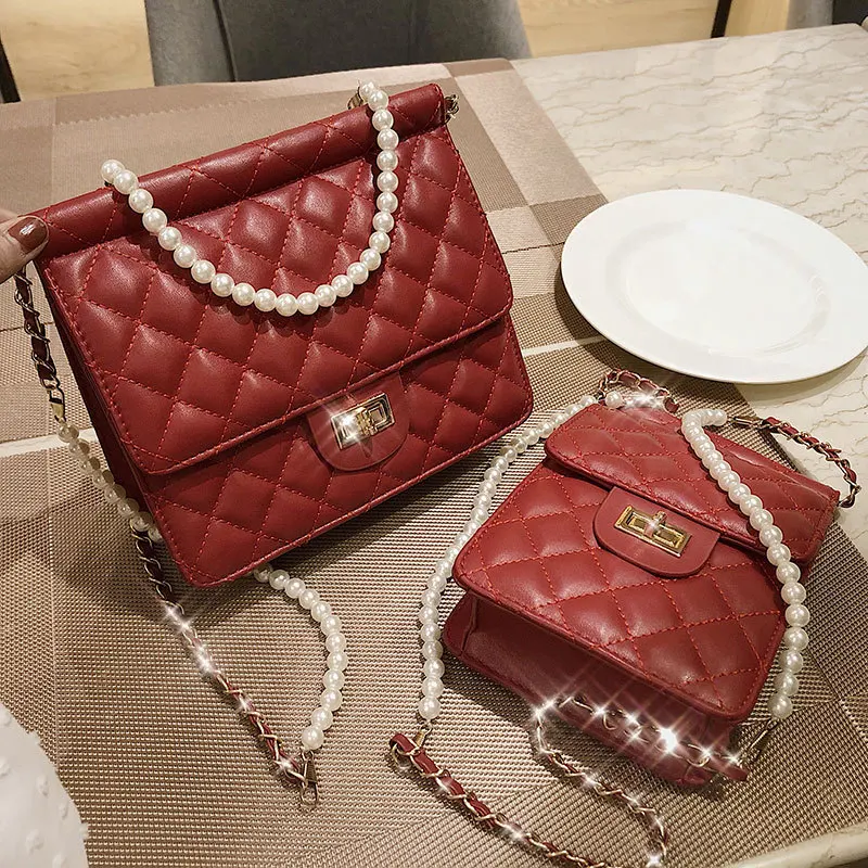 

2019 New Single Shoulder Bag Fashion Textured Chain Bag Flap Women Diamond Lattice Pearl Cross-body Bags Brand Designer Ladies