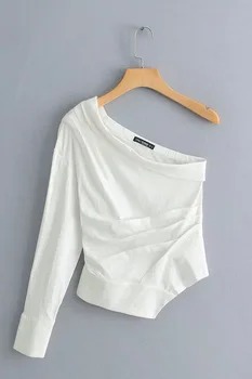 

Asymmetrical Pleated Tops Europe and the United States Fan Slim Thin Single Long-sleeve Blouses Woman 2019