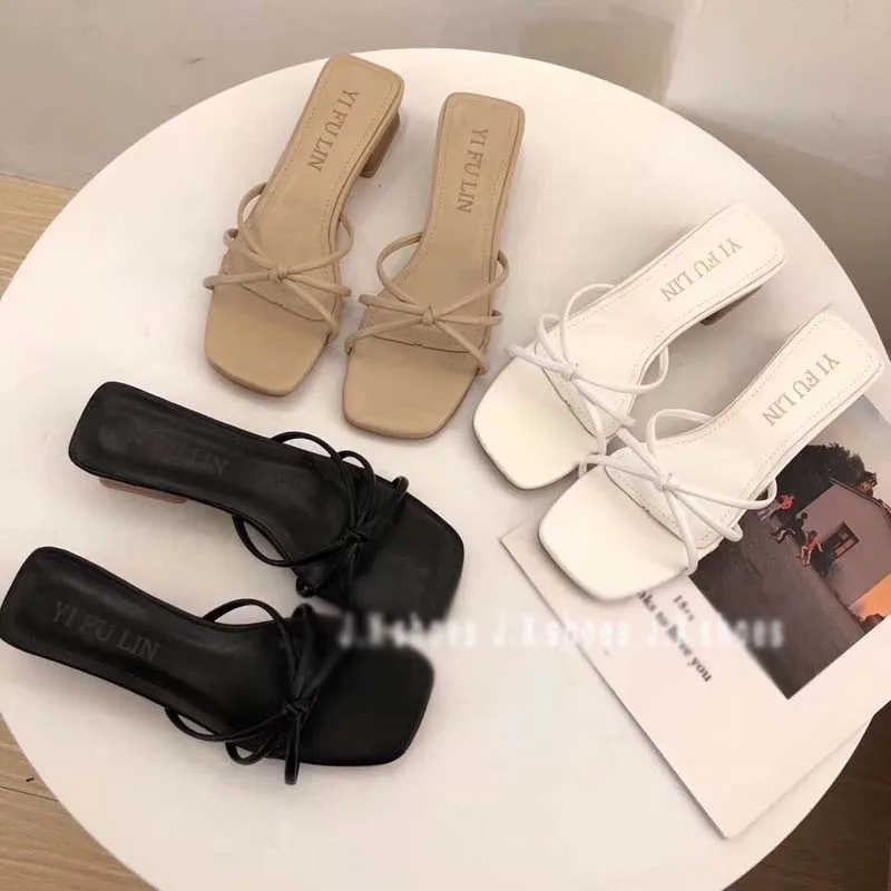 

High Heels Women's Sandals 2019 Square Toe Summer Sandals Kitten Heels Casual Female Sandals for Girls Women's Heel Slippers
