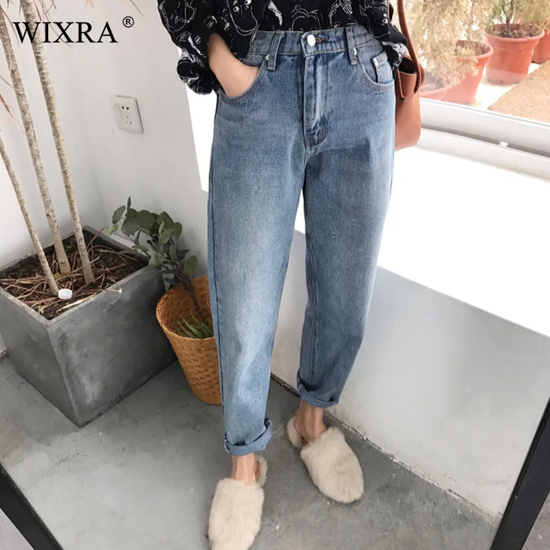 

WIXRA Basic Ankle-Length Jeans Fit High Waist Jeans Women Washed Blue Classic Boyfriend Straight Denim Jeans Pants
