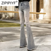 Винтаж серые расклешенные джинсы Для женщин Высокая Талия Тонкий Bodycon Дамы расклешённые брюки женский элегантный промывают качества Жан K400