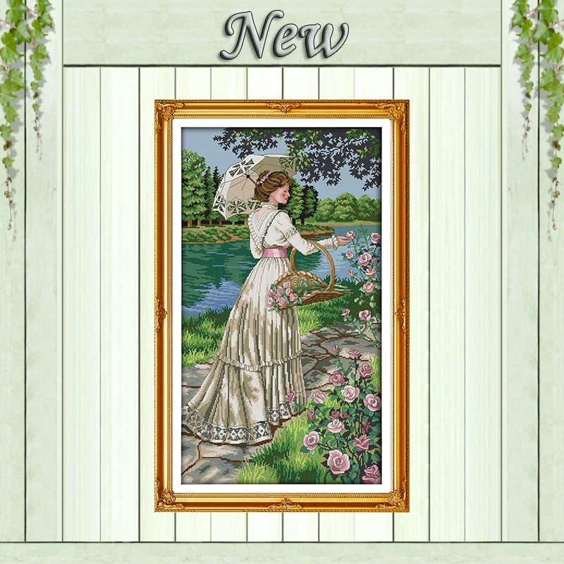 

Picking flowers beautiful girl river Painting Counted Print on canvas DMC 14CT 11CT Cross Stitch Needlework Kits embroidery Sets
