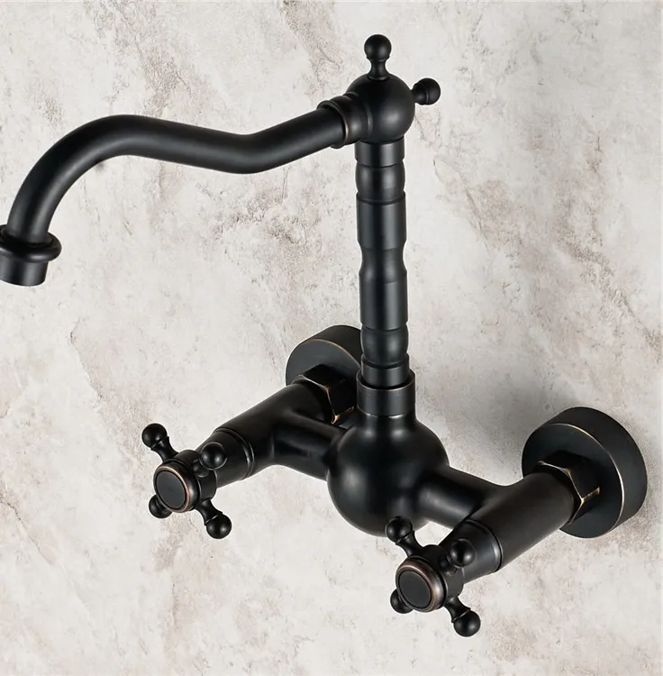 Swivel Spout Wall Mount Black Oil Rubbed Brass Kitchen Sink Faucet Two Cross Handles Mixer Tap atf008