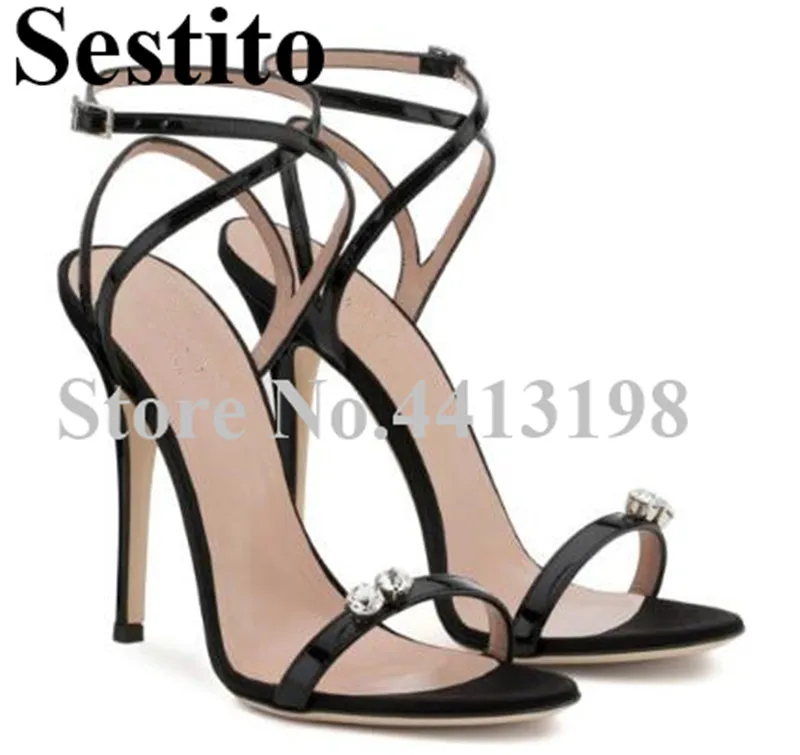 

2019 Black Cross-tied Strap Rhinestone Decoration Sandals Peep Toe Super High Thin Heels Sandals Ankle Buckle Summer Women Shoes