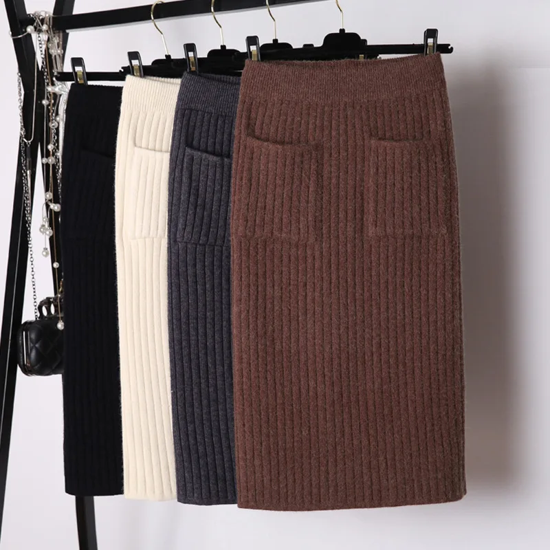 Женская трикотажная юбка новинка осень зима Корейская сексуальная юбка с завязкой на бедрах высокая эластичность вязать карман миди юбка женская одежда AA967