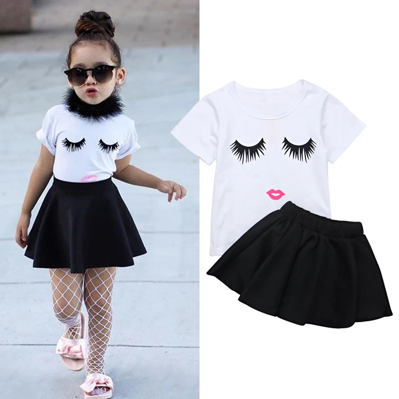 Летняя одежда для маленьких девочек модный костюм с рисунком бровей белый топ с короткими рукавами+ черная мини-юбка комплект из 2 предметов