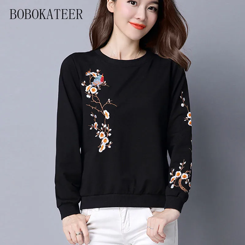 Prix Broderie t shirts femmes t shirt ample col rond camiseta noir haut pour femme t shirts femmes t shirt femme 2019 coton camisetas