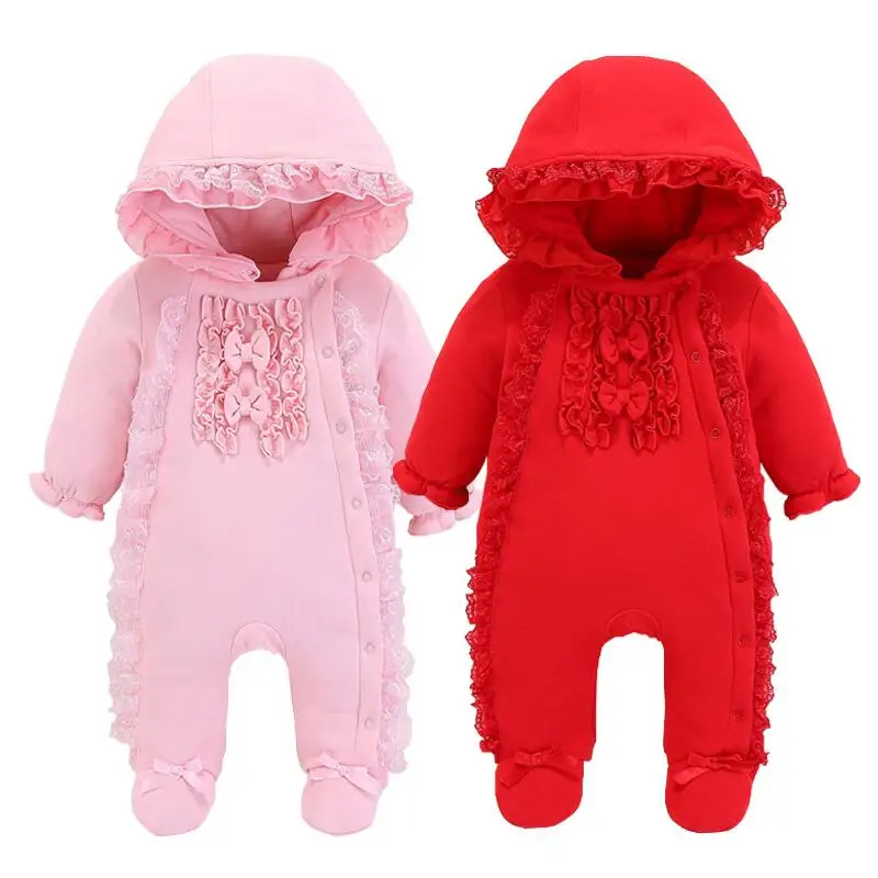 

Female baby Rompers newborn full moon jumpsuit thick cotton pad winter red baby hooded foot clothes baby girl clothes