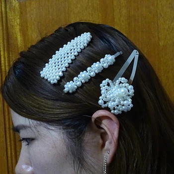 

Fashion jewelry women's headdress hand-woven pearl hairpin white pearl drop-shaped jewelry girl pearl side clip accessories