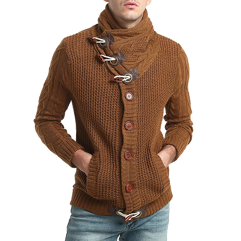 Модный мужской свитер, пальто, Осень-зима, Мужской однобортный Кардиган с высоким воротником, мужской однотонный теплый вязаный жакет 3XL