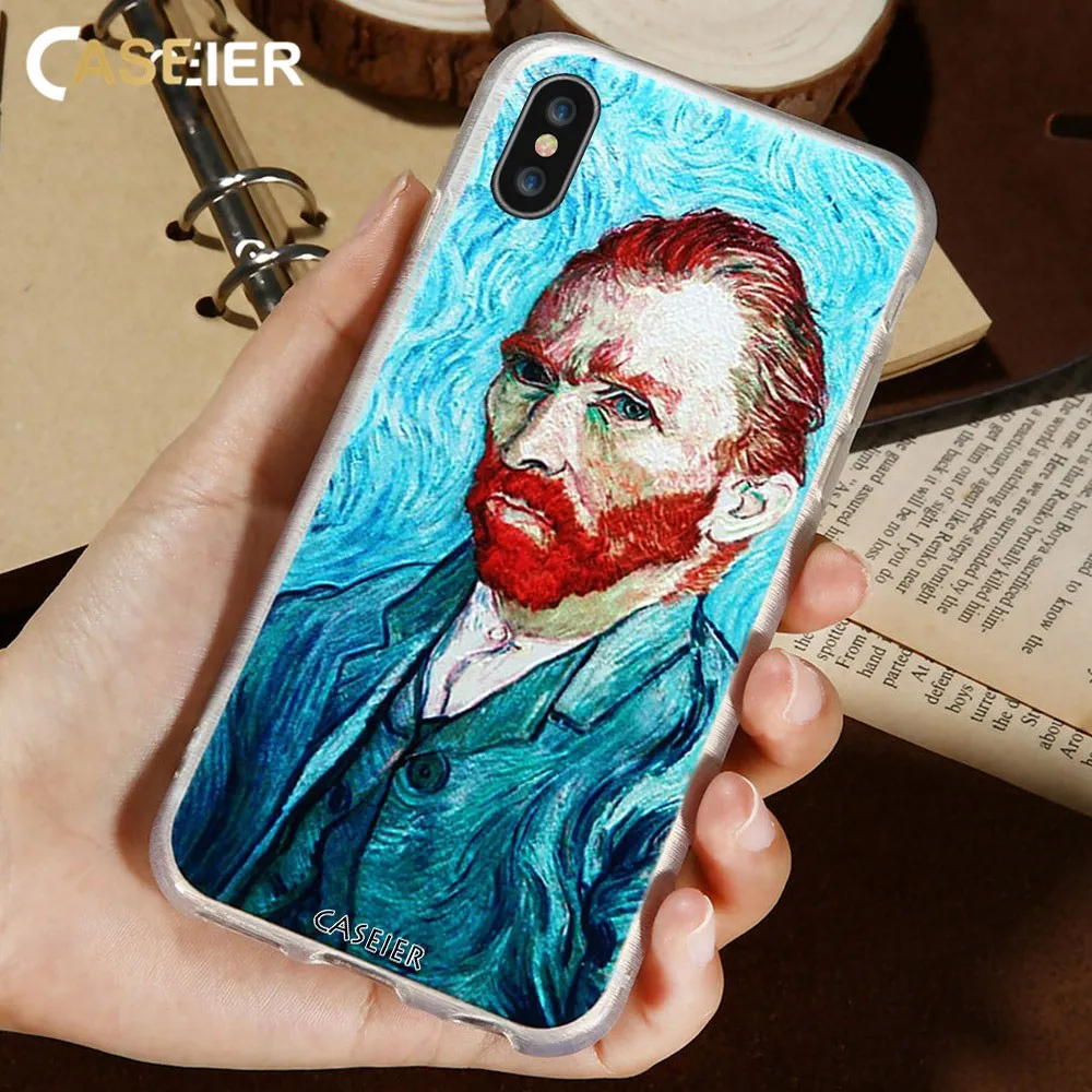

CASEIER 3D Emboss Phone Case For iPhone 6 6s Plus Soft TPU Cover For iPhone X Van Gogh Self-Portrait Patterned Funda Capinha