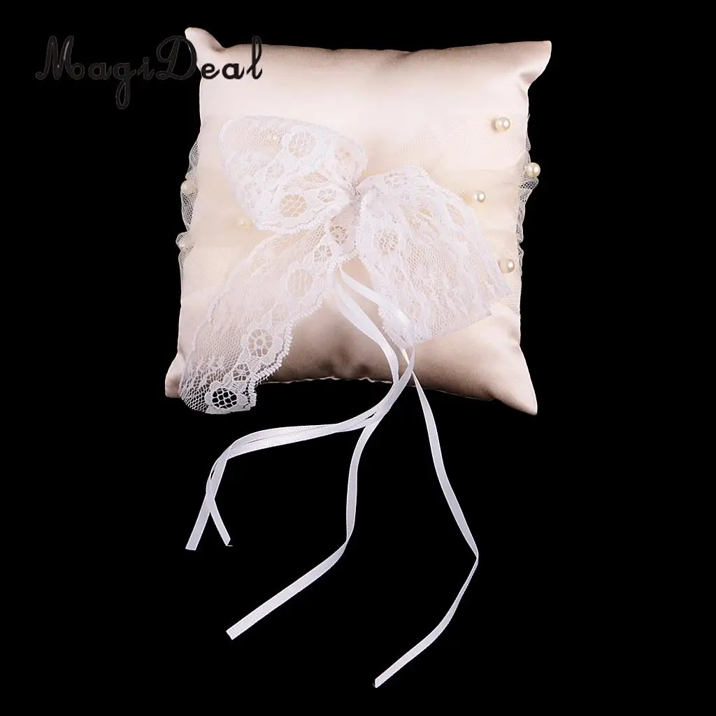 

Romantic Wedding Ceremony Ring Bearer Pillow Cushion Lace Bowknot Faux Pearl Ring Holder Ring Display