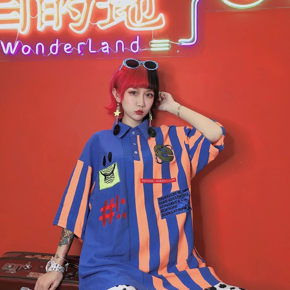 Harajuku девушка хип-хоп Tiaodi улыбающееся лицо в полоску цвет ed отложным воротником свободные поло воротник