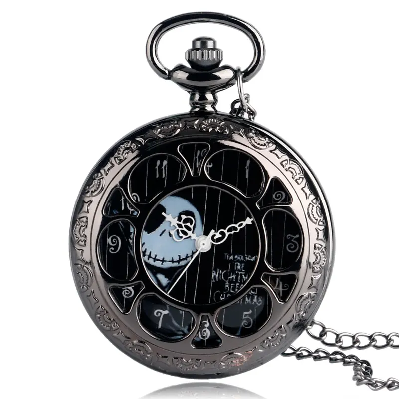 

Vintage Tim Burton's The Nightmare Before Christmas Pocket Watch Necklace Black Hollow Flower Quartz Steampunk Pendant Retro