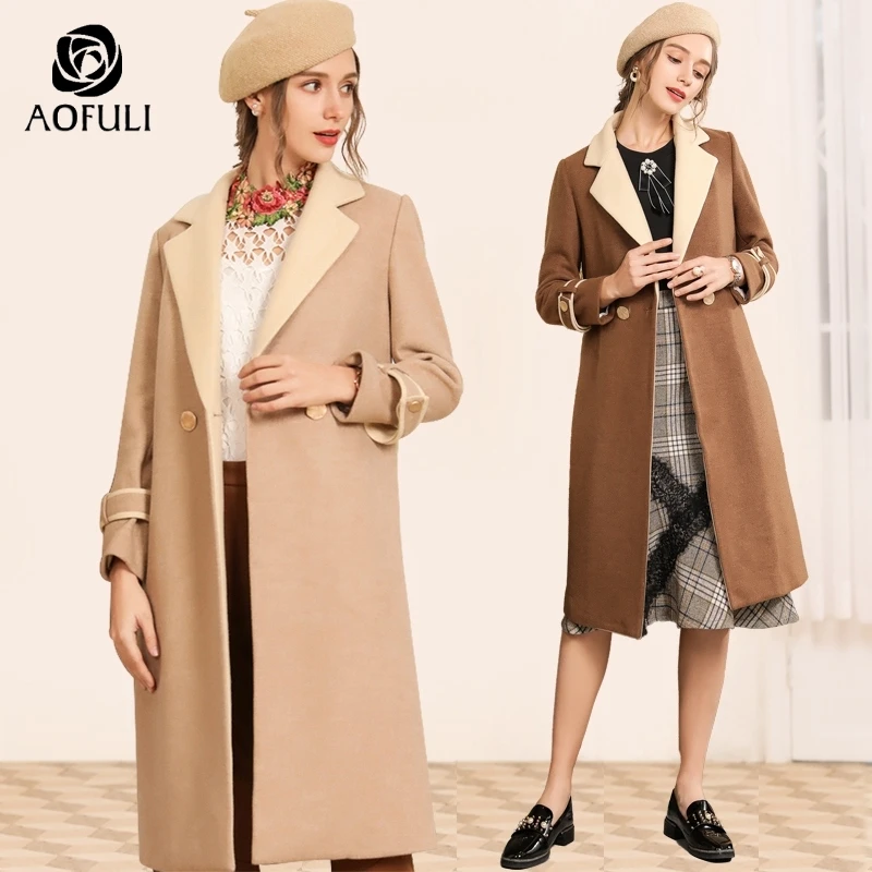 AOFULI Fashion Contrast Women Long Coat Belt Turn down Collar Winter X