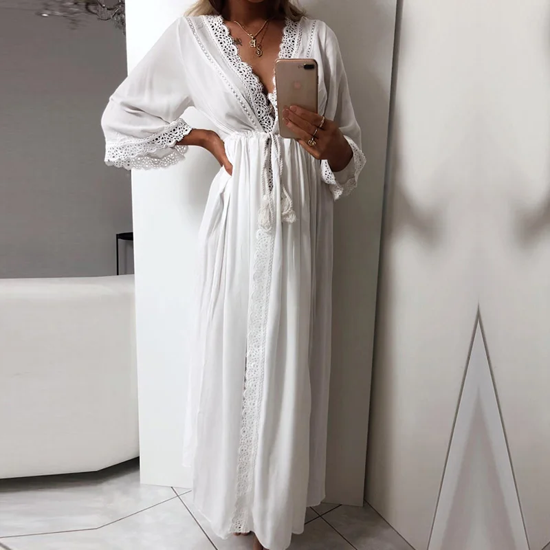 

Long Dress Women 2019 Summer V Neck Lace Patchwork Dress Elegant High Split Maxi Dress Ladies Party Dresses Tunic Robe Femme XL
