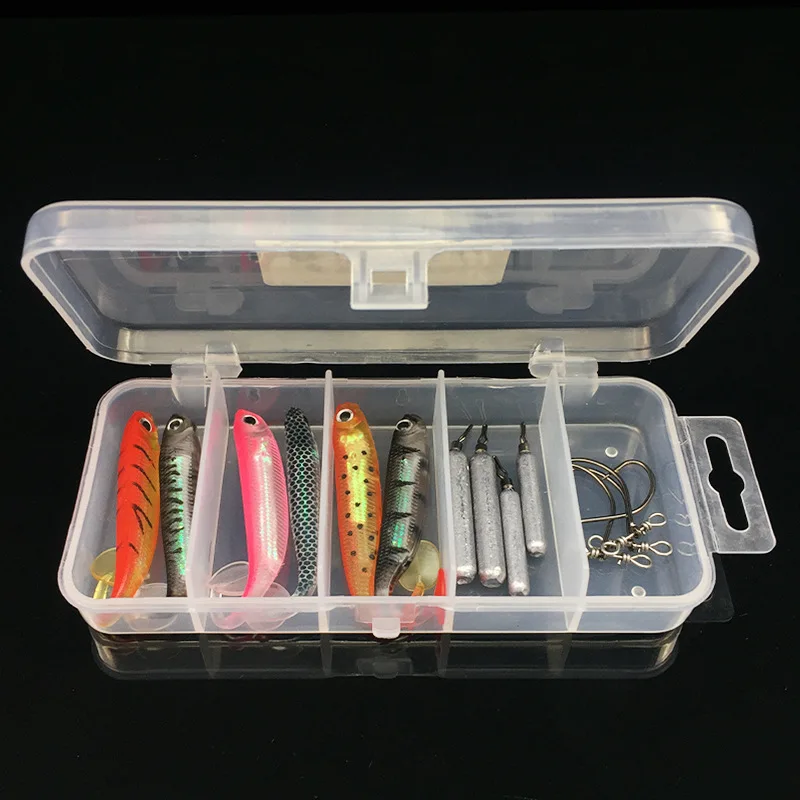 

T-Tail Rainbow Fish Artificial Lure Kit Lead Down Sinker Balance Single Hook Soft Bait Fishing Tackle Accessories 15 Pieces Set
