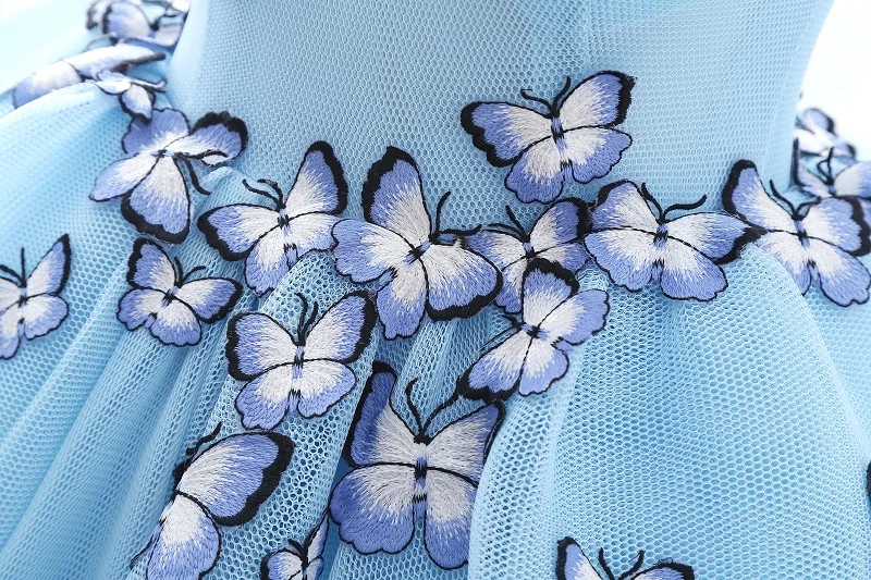Новое поступление, бальные платья небесно-голубого цвета, пышные платья с аппликацией бабочки, фатиновые платья с v-образным вырезом, милые вечерние платья 16, SQS071