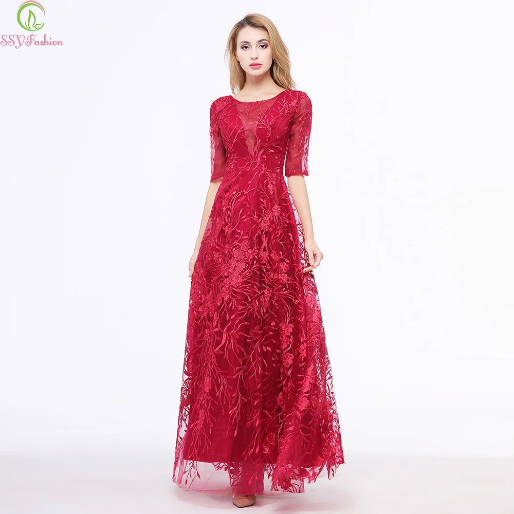 

SSYFashion New Mother of The Bride Dress Banquet Elegant Wine Red Half Sleeve Lace Long Party Formal Gown Robe De Soiree Custom