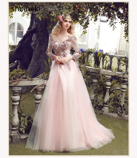 vintage barato rosa de encaje apliques de noche largo vestido de