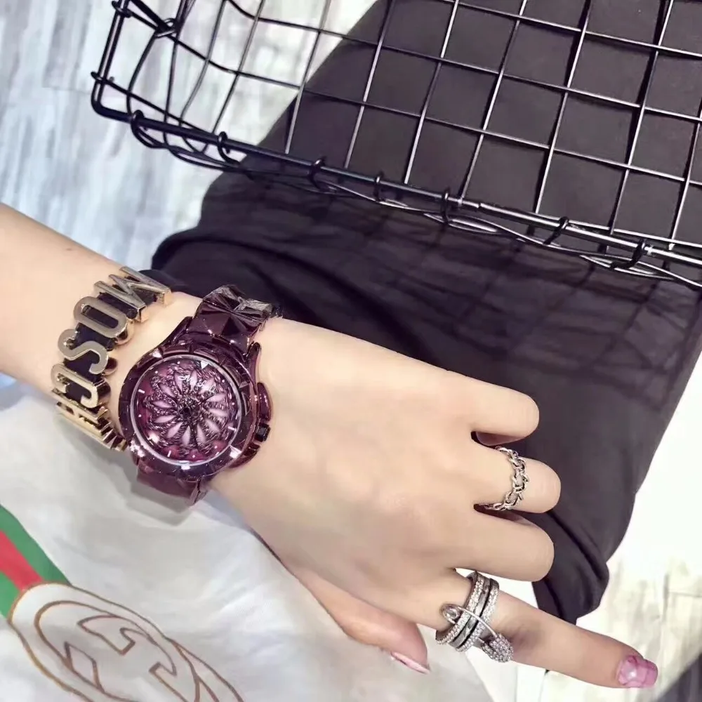 Высококачественные роскошные Брендовые женские наручные часы со стразами женские блестящие часы с вращающимся платьем большие алмазные Наручные часы с камнями фиолетовые часы