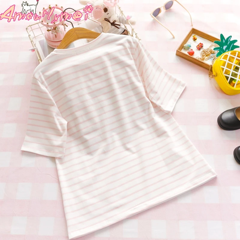 Футболка в японском стиле Mori Girl с милым карманом, вышитым котом, круглым вырезом и коротким рукавом, летняя коллекция, женские футболки, хлопковые повседневные топы