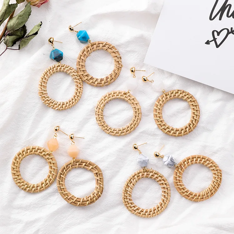 

Korean Handmade Irregular Acrylic Stone Wooden Big Hollow Out Round Circle Rattan Straw Weave Drop Earrings for Women Girl Gift