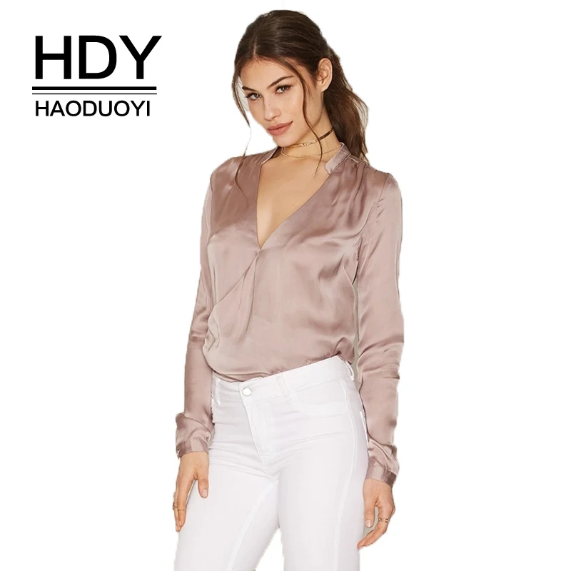 

HDY Haoduoyi Autumn Solid Pink Deep V-Neck Long Sleeve Women Shirts Elegant Slim Casual Chiffon Blouses For OL Lady