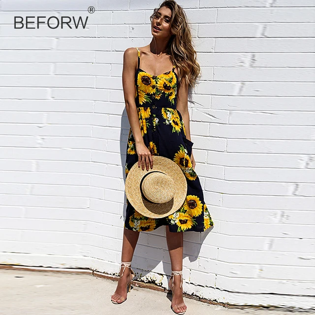 BEFORW Women's Sexy Summer Backless Button Down Striped Print Swing Midi Dress With Pockets 2018 White Boho Vintage Beach Dress