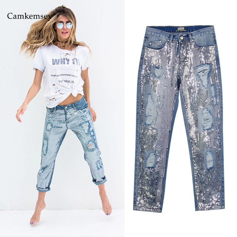 

CamKemsey Streetwear Holes Silver Sequined Boyfriends Jeans Woman 2018 New Ankle-Length Vintage High Waist Loose Mom Jeans