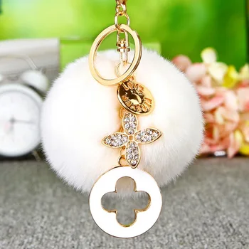 

Cute 8cm Rabbit Fur Pom Pom Keychain Car Rhinestone Metal Clover Keychain Llavero Auto Key Rings Charm Bag Pendant Drop Shipping