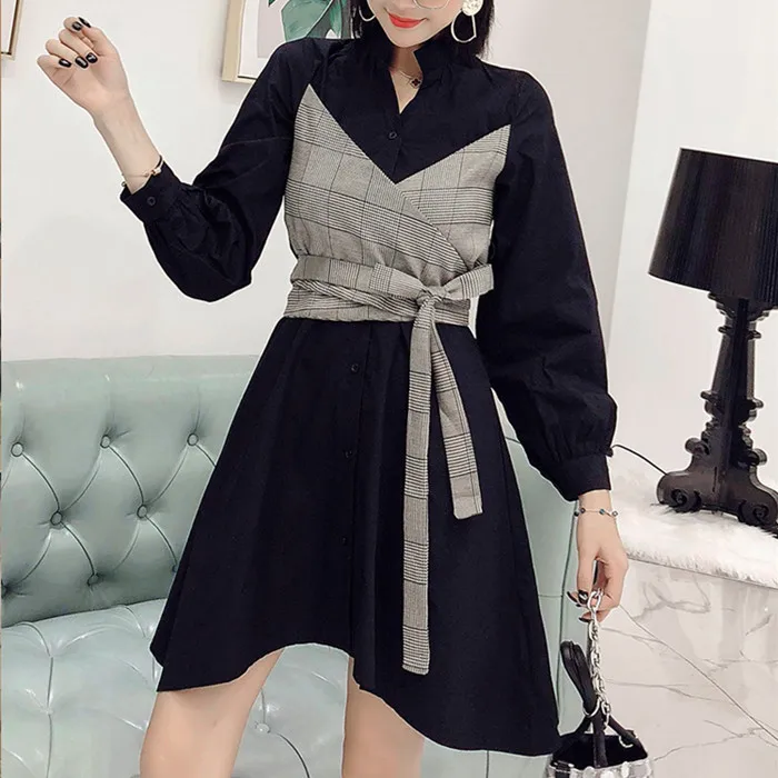 

2019 Autumn New Fashion Women Dresses V-neck Long Sleeve Fake 2 Pieces Plaid Dress Belted Plus Size Ladies Dress Vestidos S-4XL