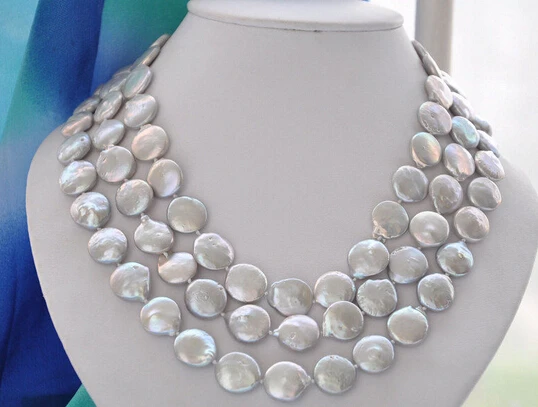 

FREE SHIPPING>@@> N1961 REAL 3row 14mm gray coin freshwater pearl necklace