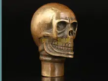 100% de bronze de Bronze de Cobre Puro O Vovô Boa Sorte Chinês Velho Do Vintage Crânio Estátua Cabeça Curta Cana Vara Alça Decoração