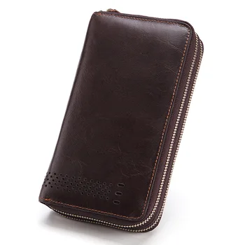 

2019 New luxury multi-card position wallet men vintage style high quality double zipper purse Oil wax cowhide clutch bag