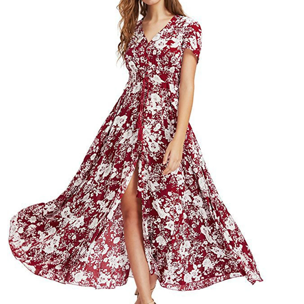 

Summer Dress V-neck Floral Print Dress Bohemian Long Dresses Split Dress