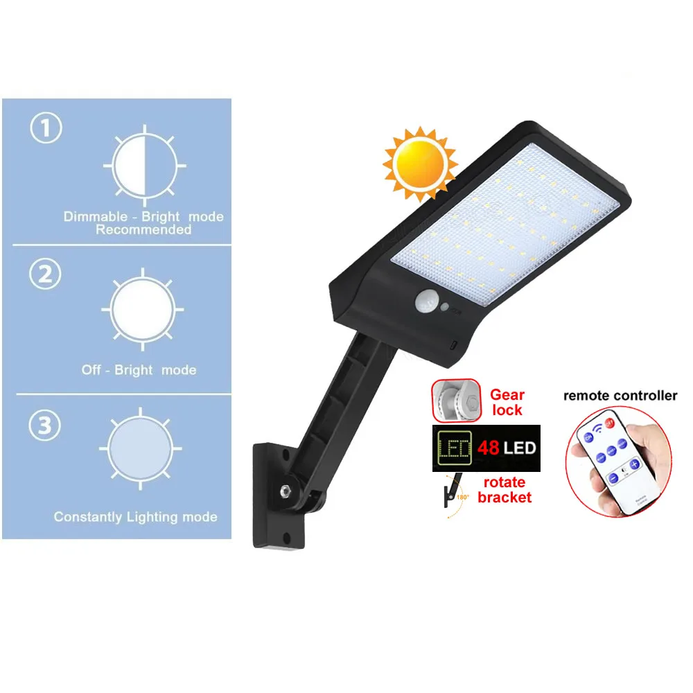 

Solar Light 48 LED Auto PIR Motion Sensor Wall Lamp With Remote Control Waterproof Solar Powered Lamp for Outdoor Garden Yard sp