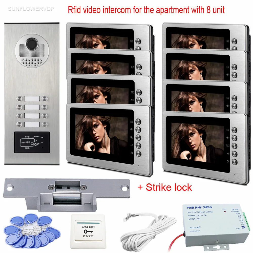 Rfid Video Call On The Door Of The Apartment 8 Units Wired Home Video Intercom 7\ Color White Monitors Video Call With Door Lock