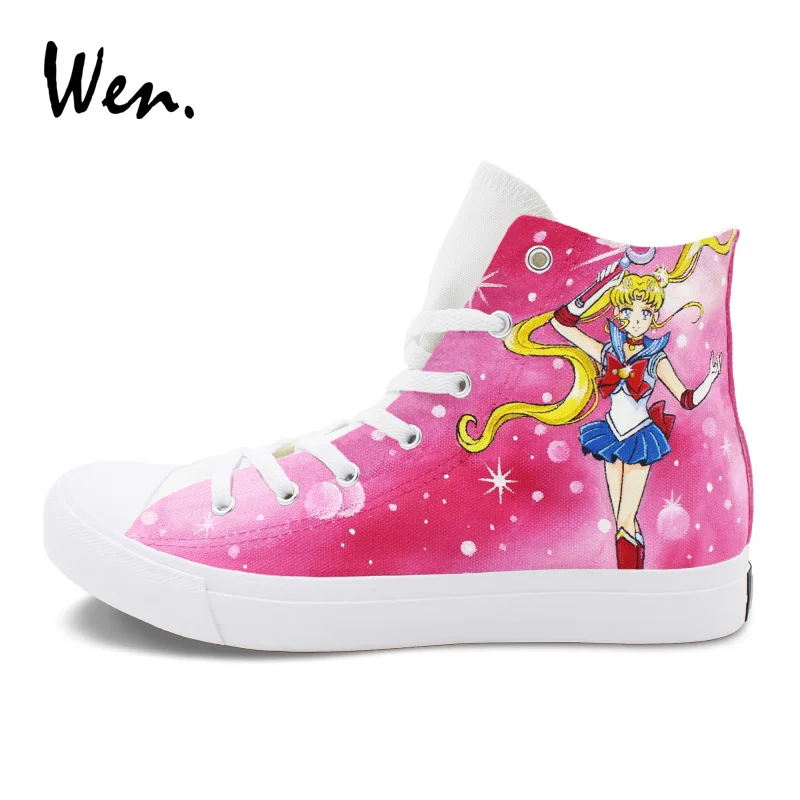 

Wen Men Women Sneakers Anime Design Sailor Moon Pink Hand Painted Canvas Shoes Sport Plimsolls Athletic High Top Cosplay Flat