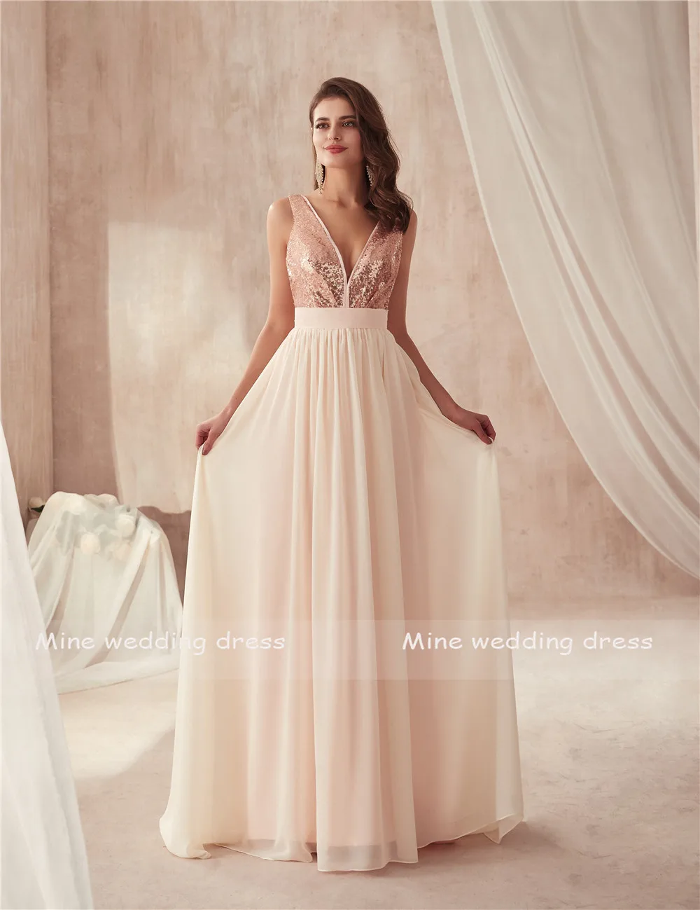 V Neck Champagne Sequin And Chiffon Bridesmaid Dress With Huge Bow