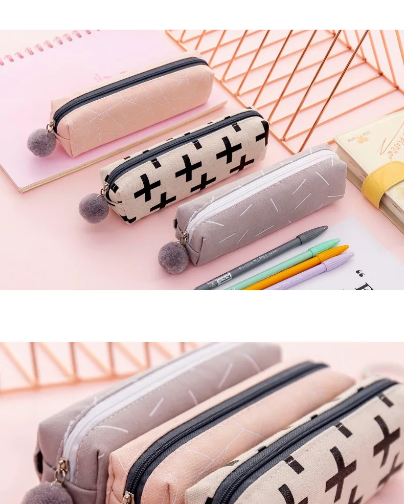Чехол-карандаш с плюшевыми шариками для девочек, милая холщовая косметичка, сумка для ручек, сумка для канцелярских принадлежностей, Подарочная коробка для детей, офисные принадлежности zakka